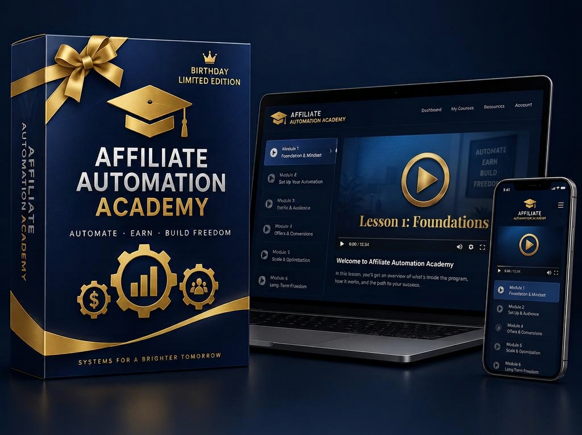 Affiliate Automation Academy birthday edition product box with video training dashboard