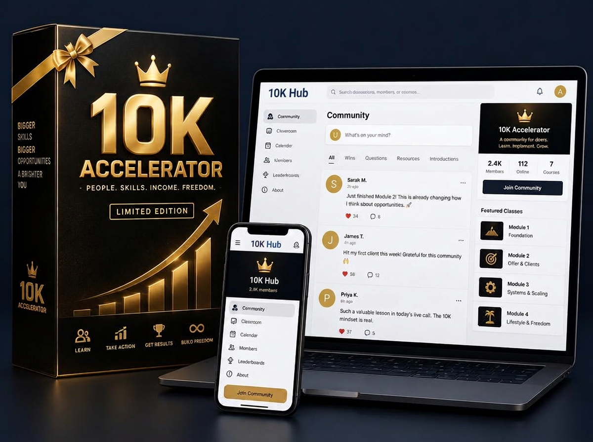 10K Accelerator birthday edition product box with community platform on laptop and phone
