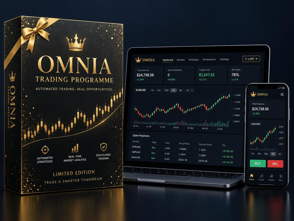 Omnia birthday edition product box with trading dashboard on laptop and phone